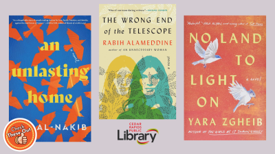 A graphic has an orange circle with a thumbs up that says "Check These Out," the library logo, and book covers: "An Unlasting Home," "The Wrong End of the Telescope," and "No Land to Light On."