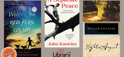 A graphic has an orange circle with a thumbs up that says "Check These Out," the library logo, and three book covers: "Where the Red Fern Grows," "A Separate Peace," and "Light in August."