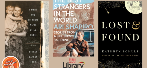 A graphic has an orange circle with a thumbs up that says "Check These Out," the library logo, and three book covers: "I Want You To Know We're Still Here," "The Best Strangers in the World," and "Lost & Found."