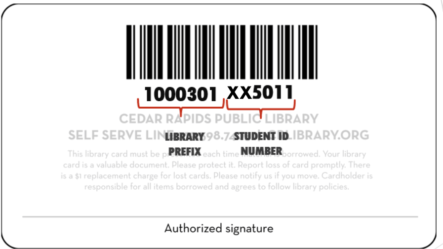 This is an example of how to use the library prefix of 1000301 and then add your student ID after to use it as a library card