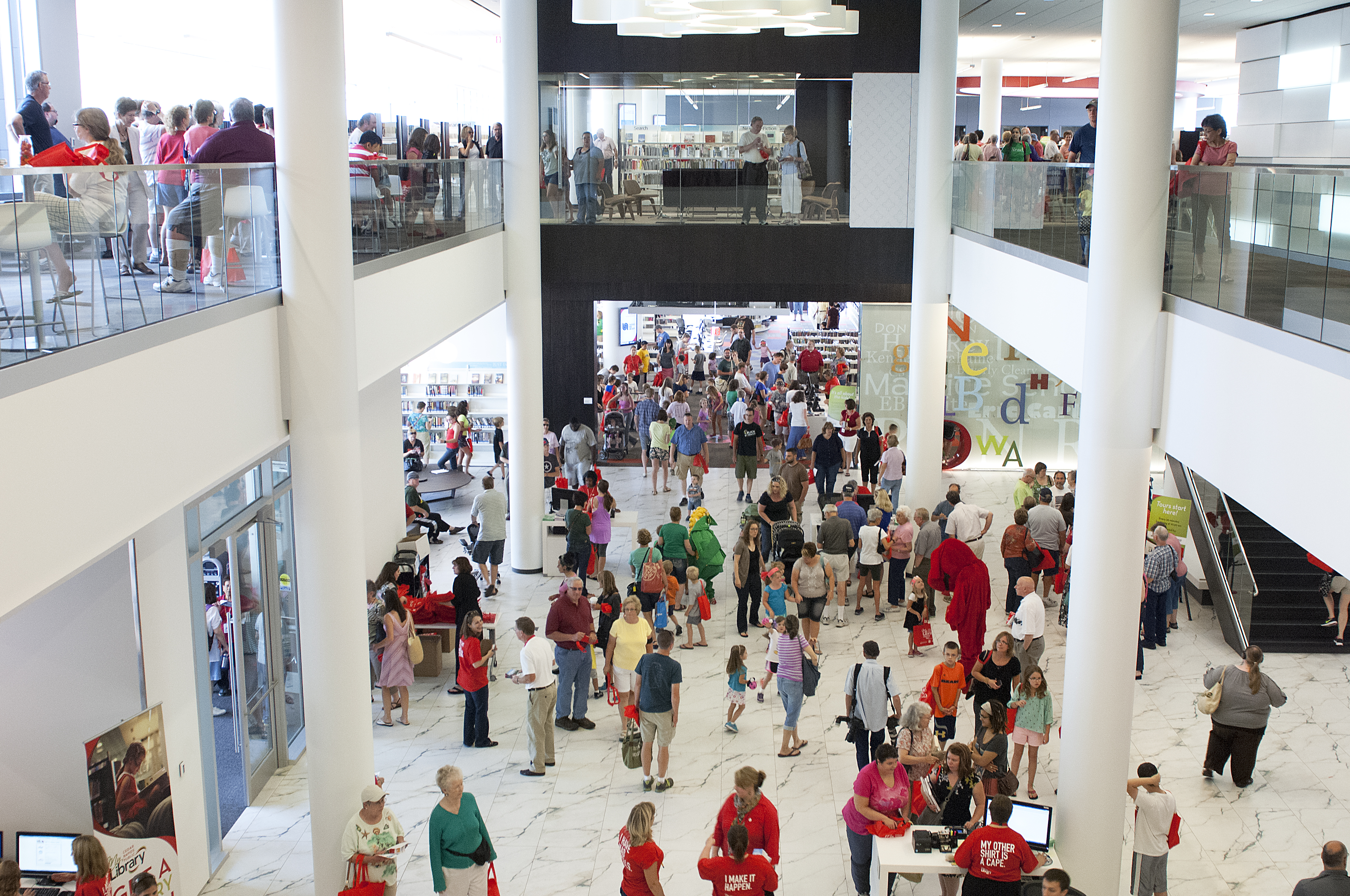 Downtown Library commons during opening day with a crowd full of people