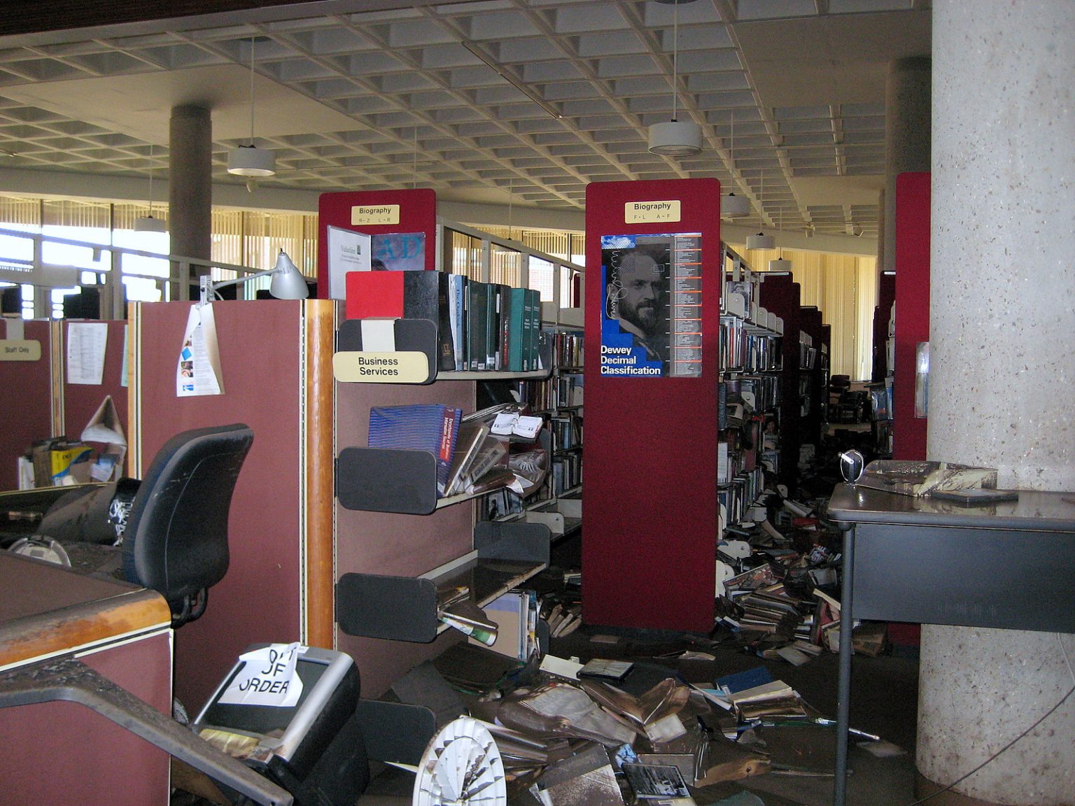 Books fall off shelves and cover the floor.