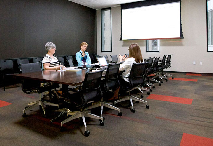 Small conference room showing three people sitting at a conference table with a white screen at front of room