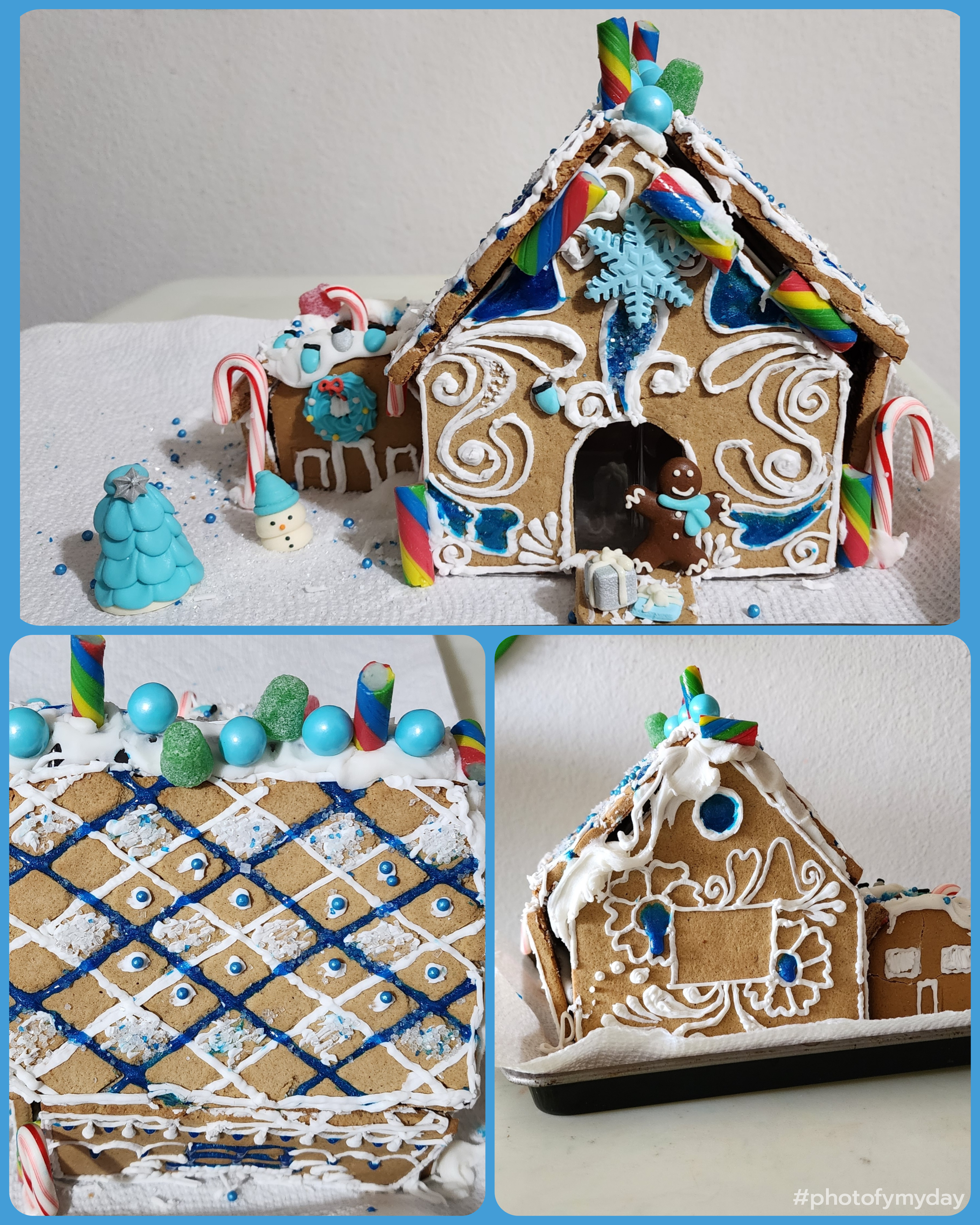Three photos show a gingerbread house with rainbow candy and blue geometric pattern on the roof.