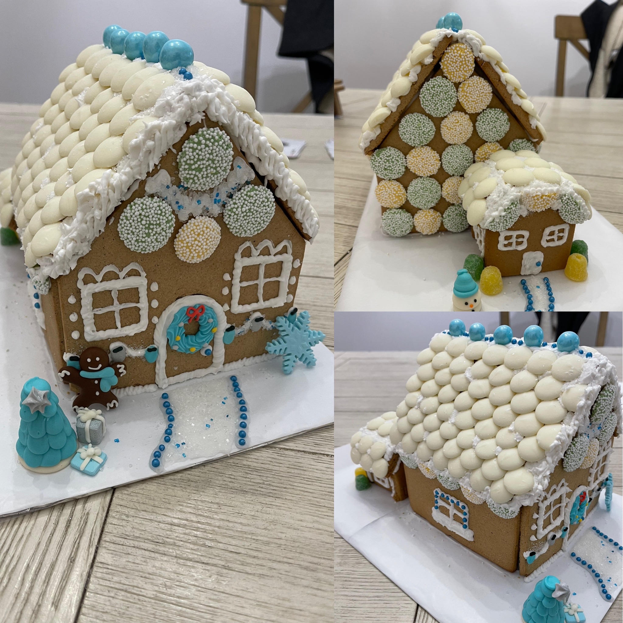 Three photos show a gingerbread with a fluffy white icing roof and candy circles on the walls.