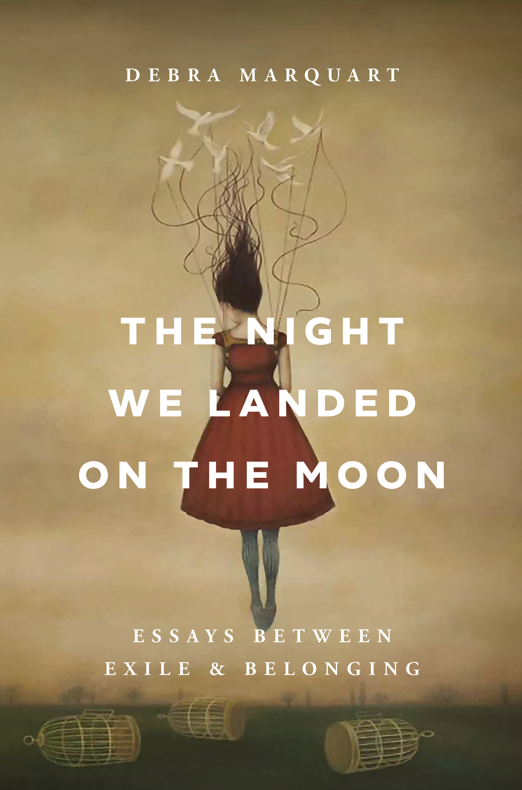 A books cover reads "The Night We Landed on the Moon" with an image of a floating woman in a red dress.