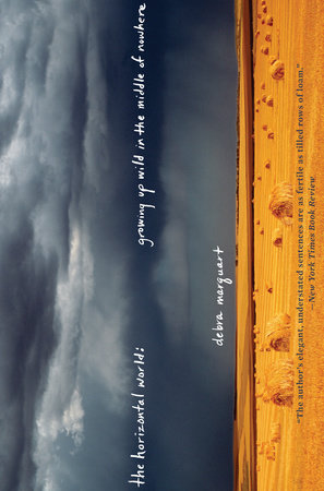 A book cover has text over a stormy sky and field of hay.