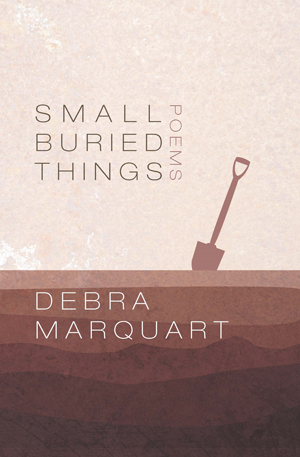 A book cover reads "Small Buried Things: Poems" with an image of a shovel sticking out of red ground.