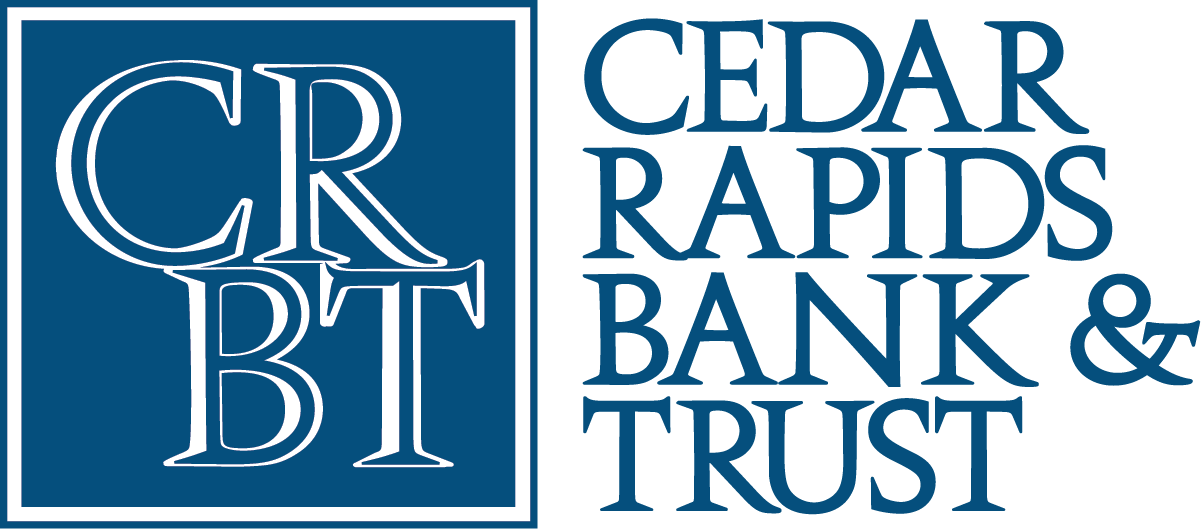 A blue square with CRBT inside next to the words Cedar Rapids Bank and Trust.