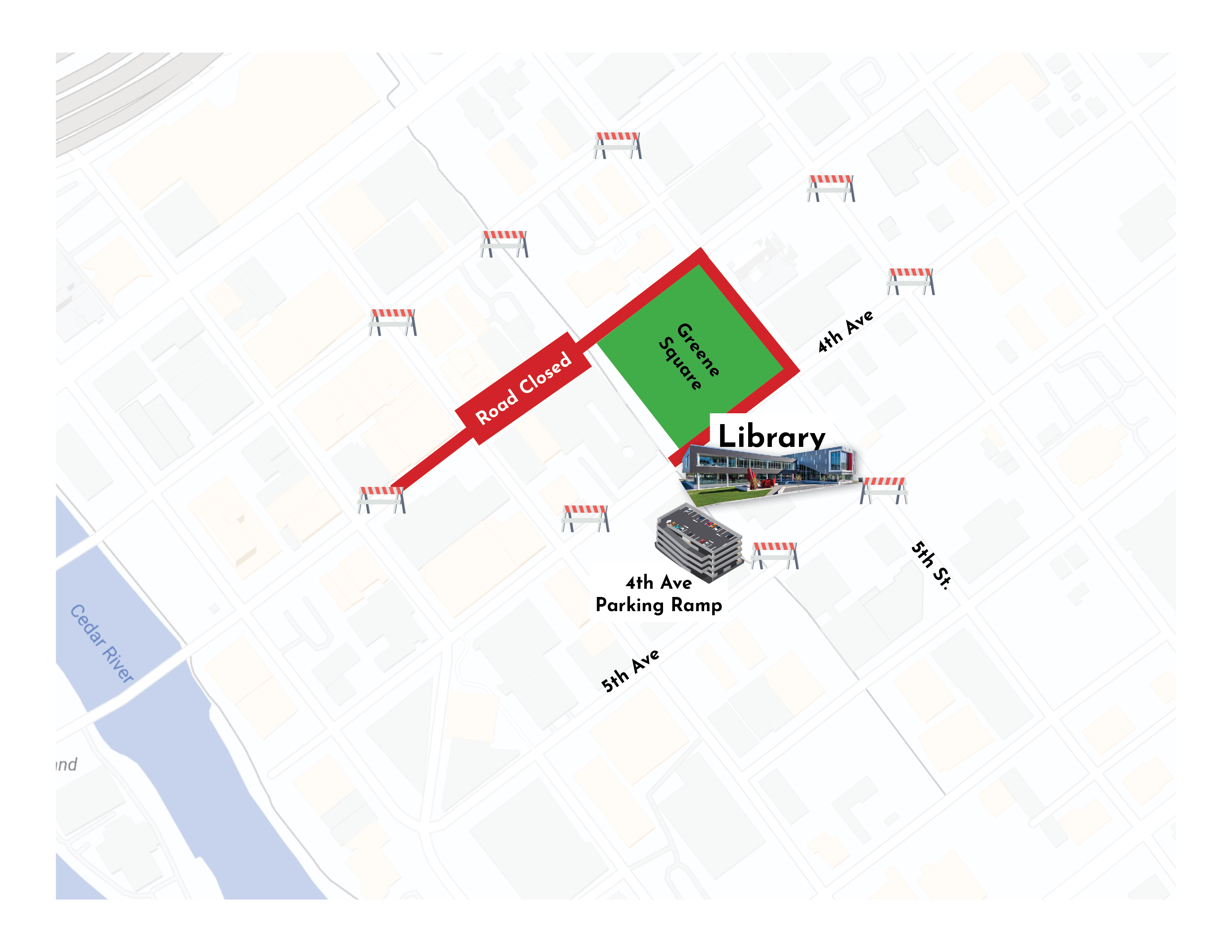 A graphic shows a map marking road closures around the library.