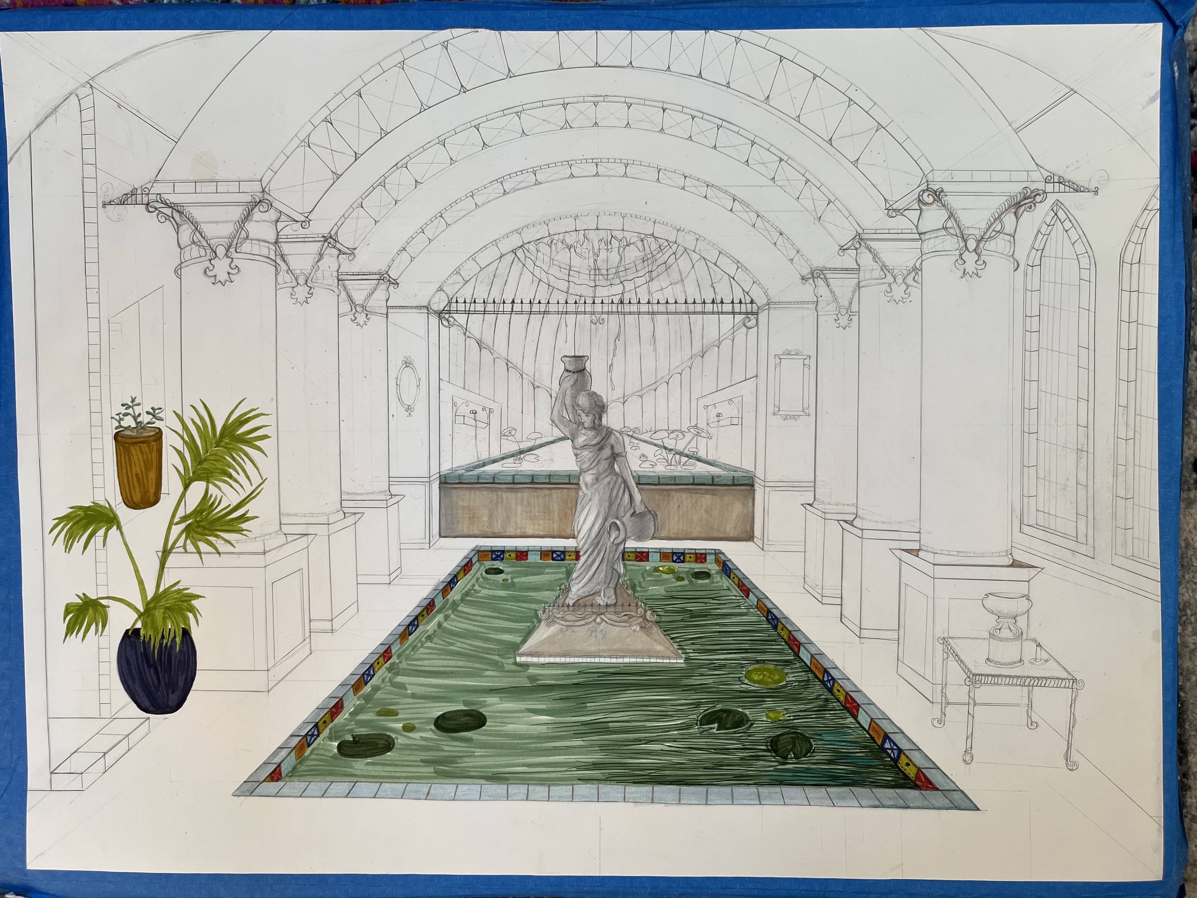 A drawing shows a statue in the middle of a green floor under columns, next to a green plant.