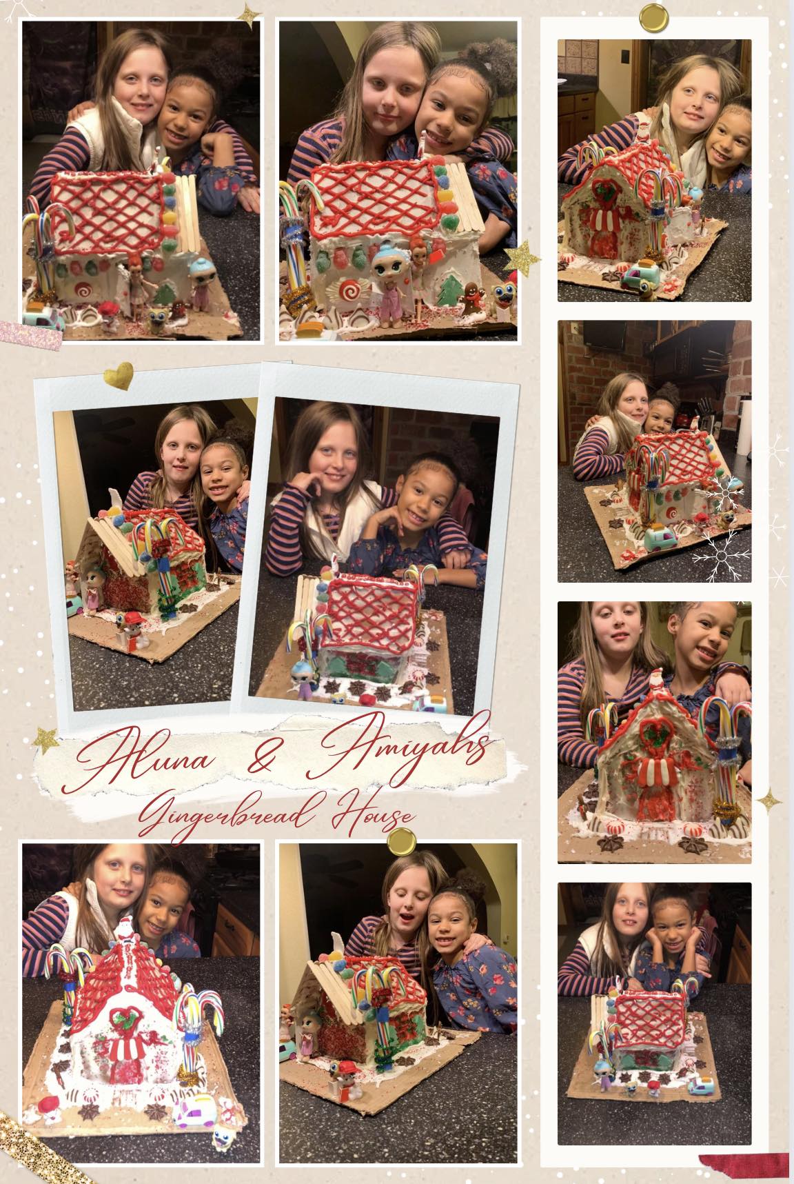 A group of 10 photos of two girls with their gingerbread library.