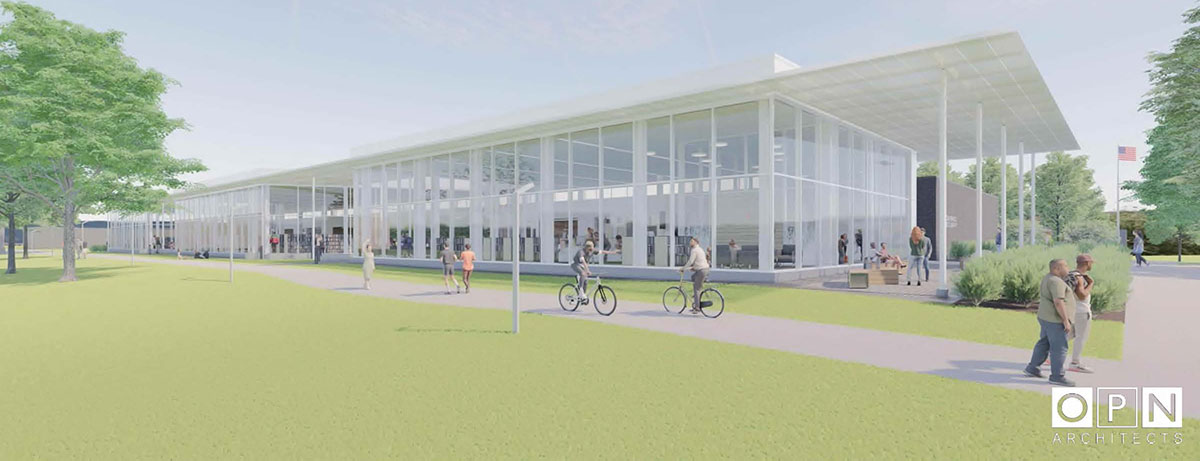 Rendering of new westside library from the west with people outside