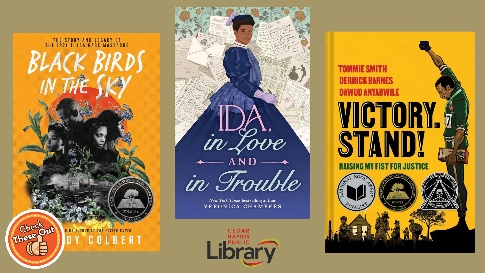 A graphic has an orange circle with a thumbs up that says "Check These Out," the library logo, and three book covers: "Black Birds in the Sky," "Ida in Love and in Trouble" and "Victory. Stand!"