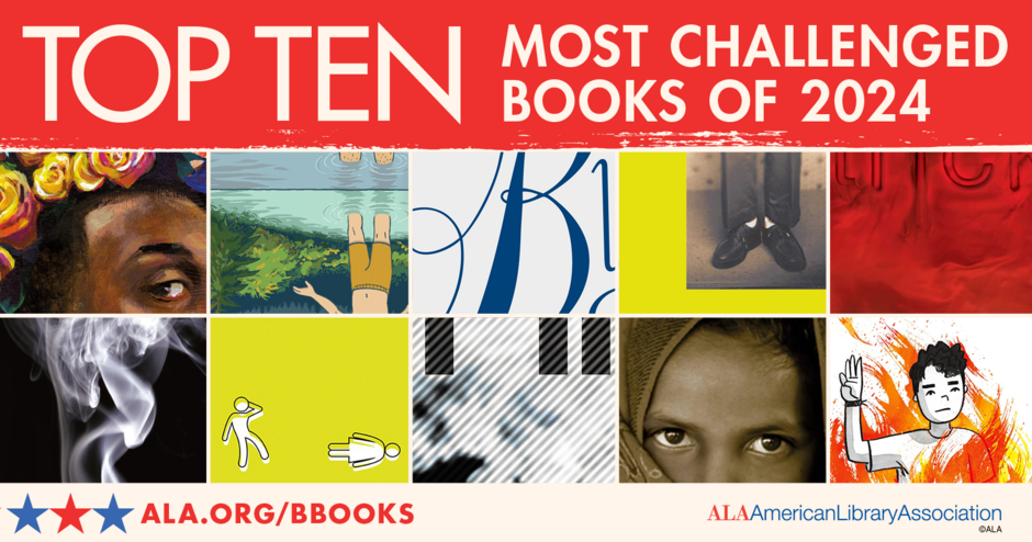 "Top Ten Most Challenged Books of 2024" with fragments of book covers.