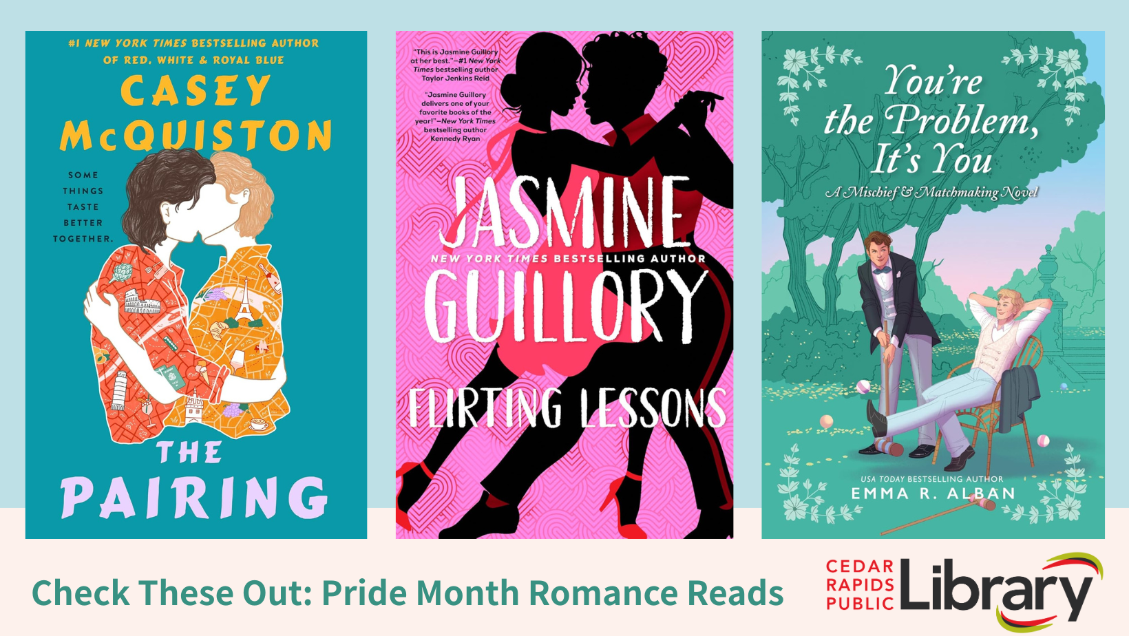 A graphic says "Check These Out: Pride Month Romance Reads" with book covers for "The Pairing," "Flirting Lessons," and "You're the Problem, It's You."