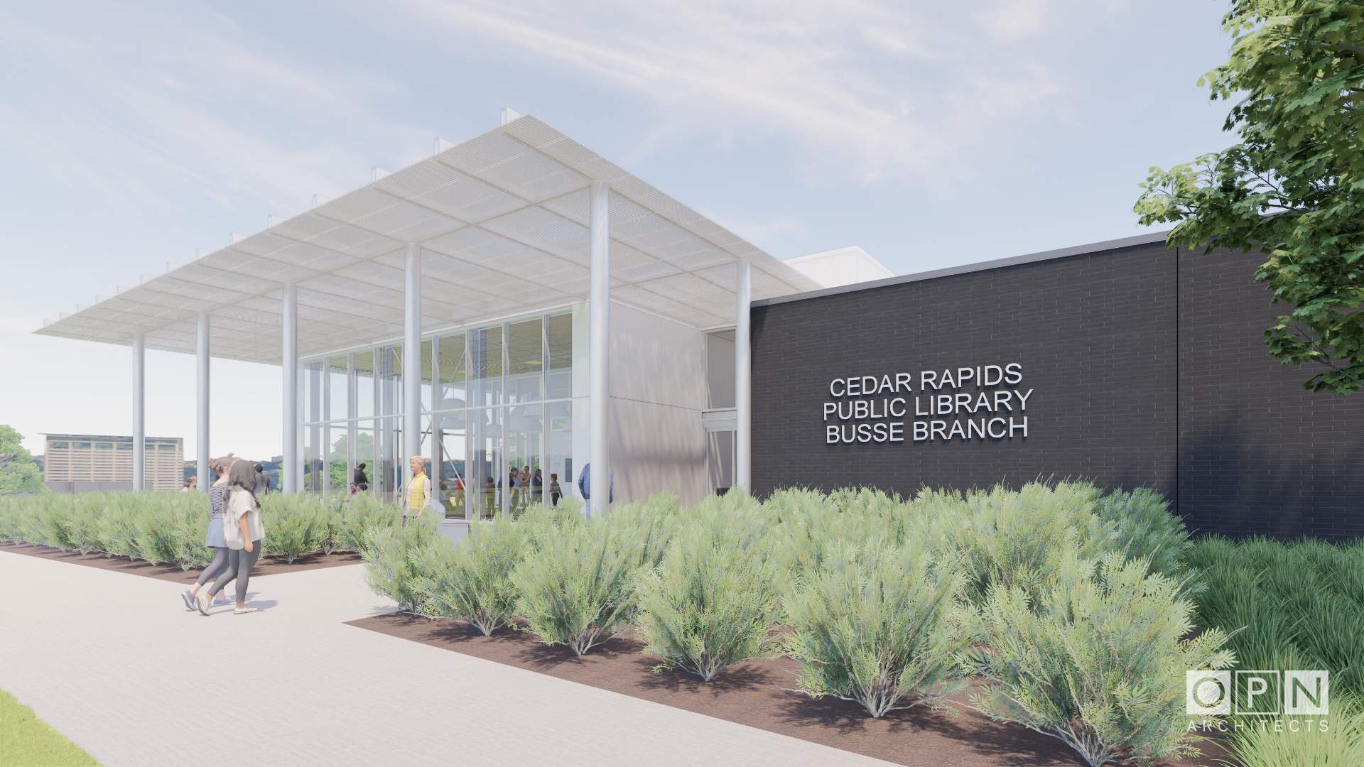 A rendering shows a library building with the words "Cedar Rapids Public Library Busse Branch."