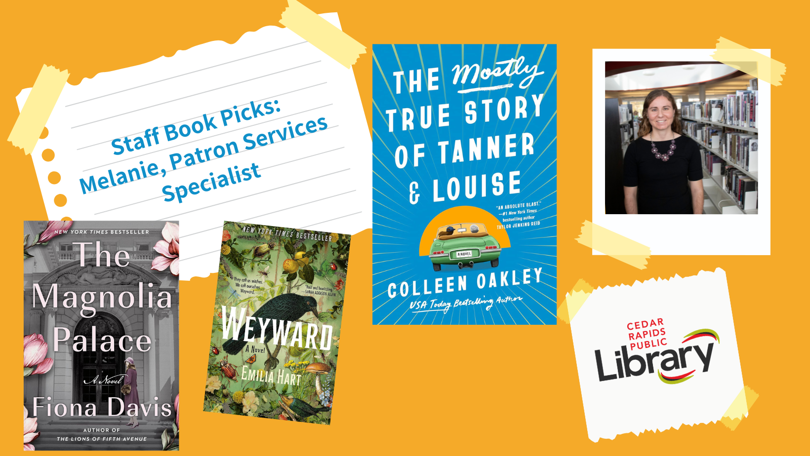 A graphic shows a woman and three books she loves: "The Magnolia Palace," "Weyward," and "The Mostly True Story of Tanner and Louise."