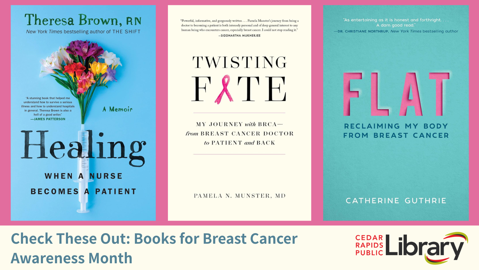A graphic says "Check These Out: Books for Breast Cancer Awareness Month" with three book covers: "Healing," "Twisting Fate," and "Flat."