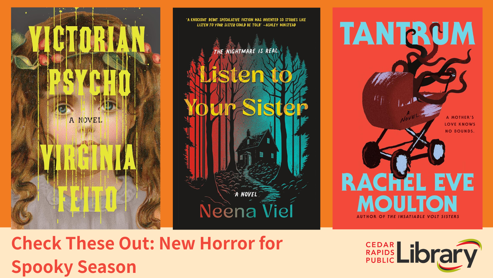 A graphic says "Check These Out: New Horror for Spooky Season" with book covers for "Victorian Psycho," "Listen to Your Sister," and "Tantrum."