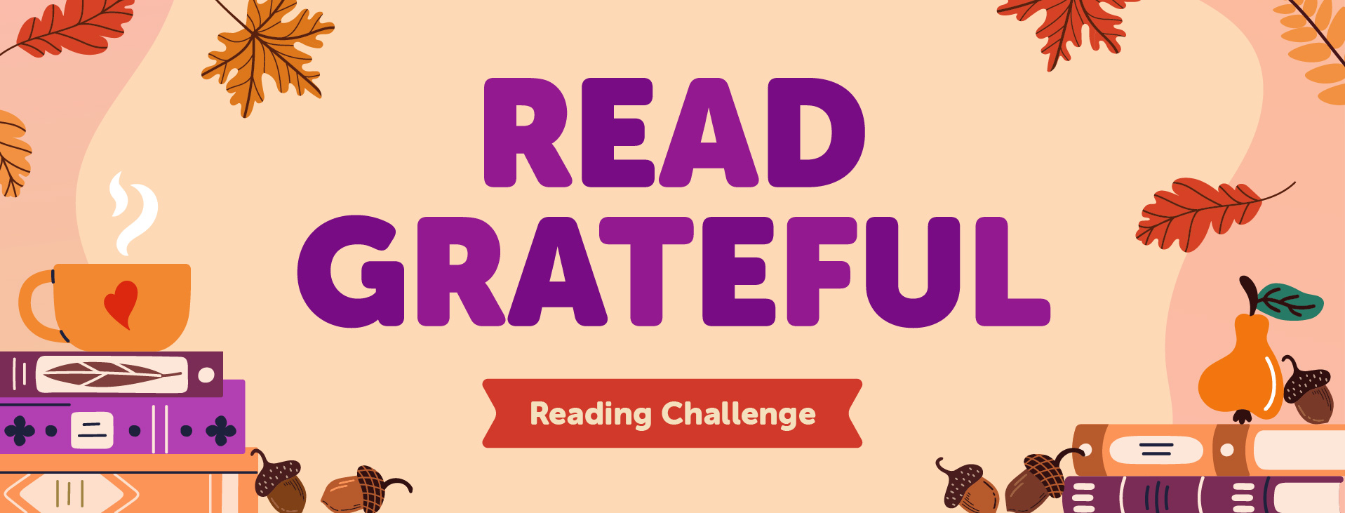 Read Grateful reading challenge banner with fall leaves and books stacked up