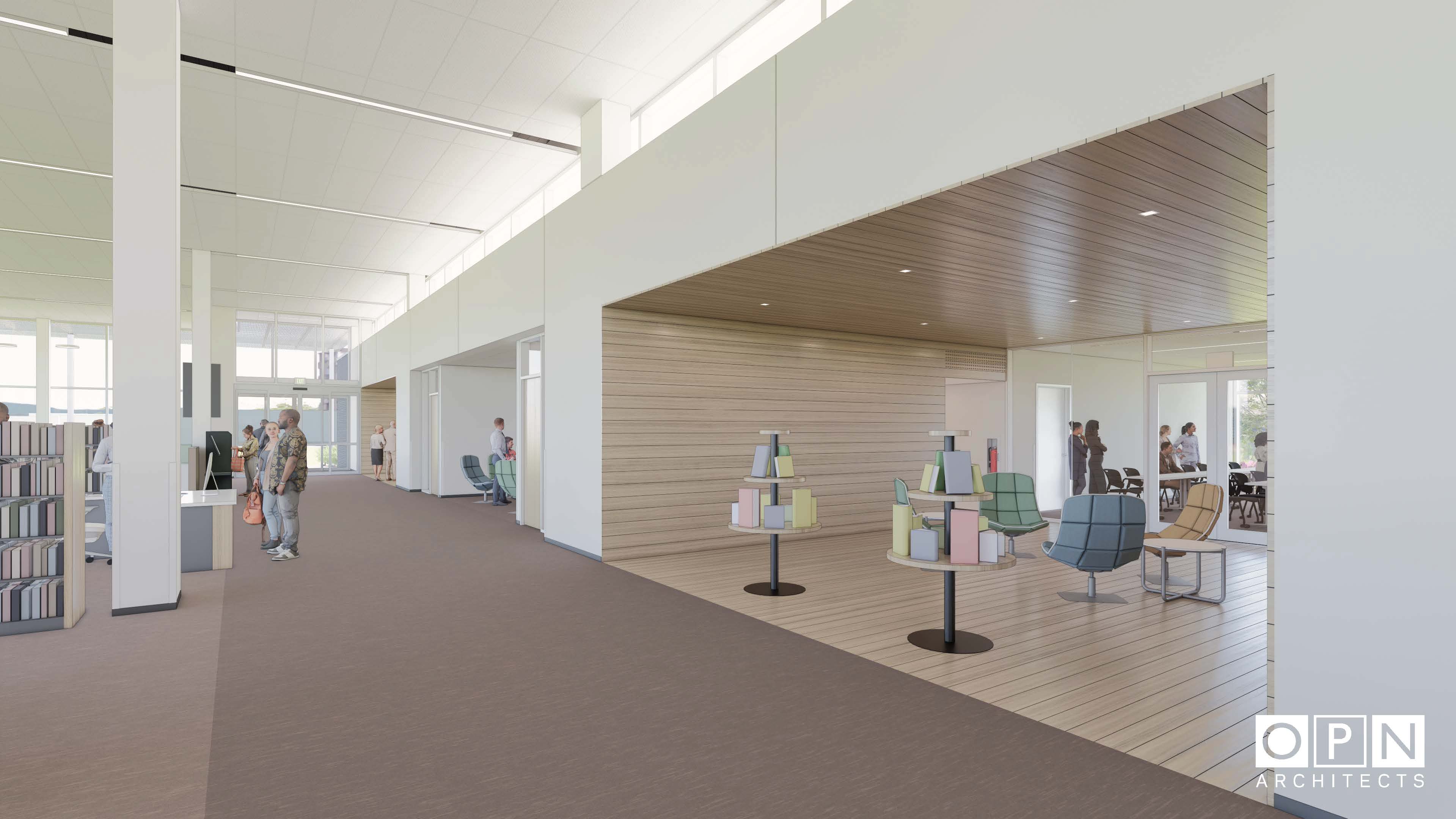 A rendering shows the inside of the new Busse Branch library.