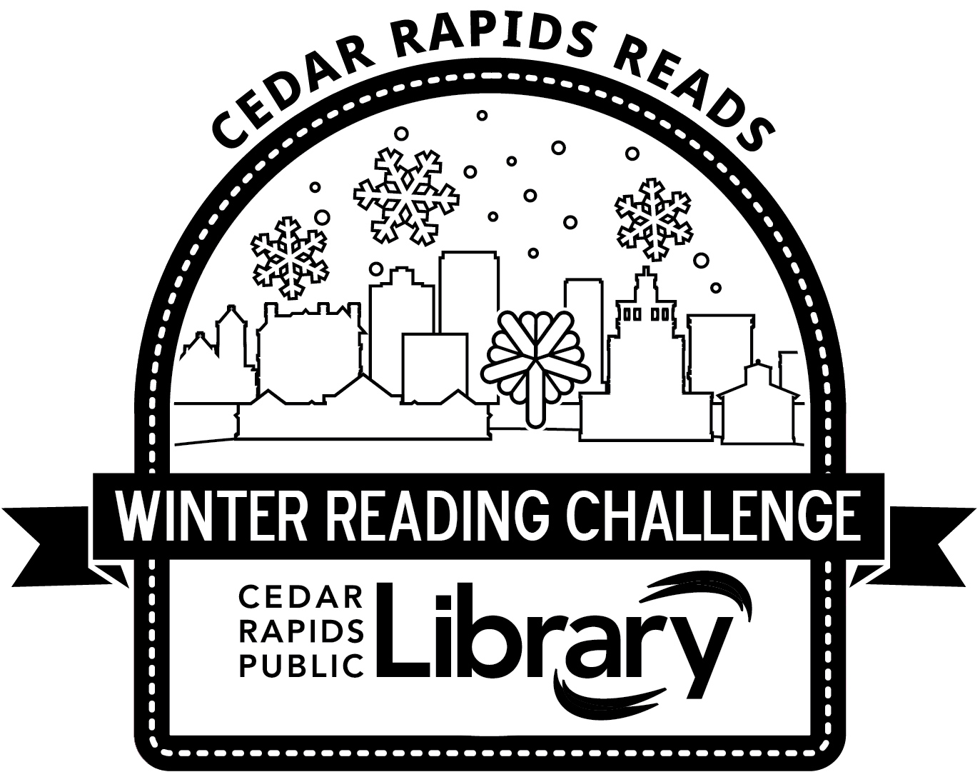logo for the winter reading challenge includes a skyline of the city and library logo