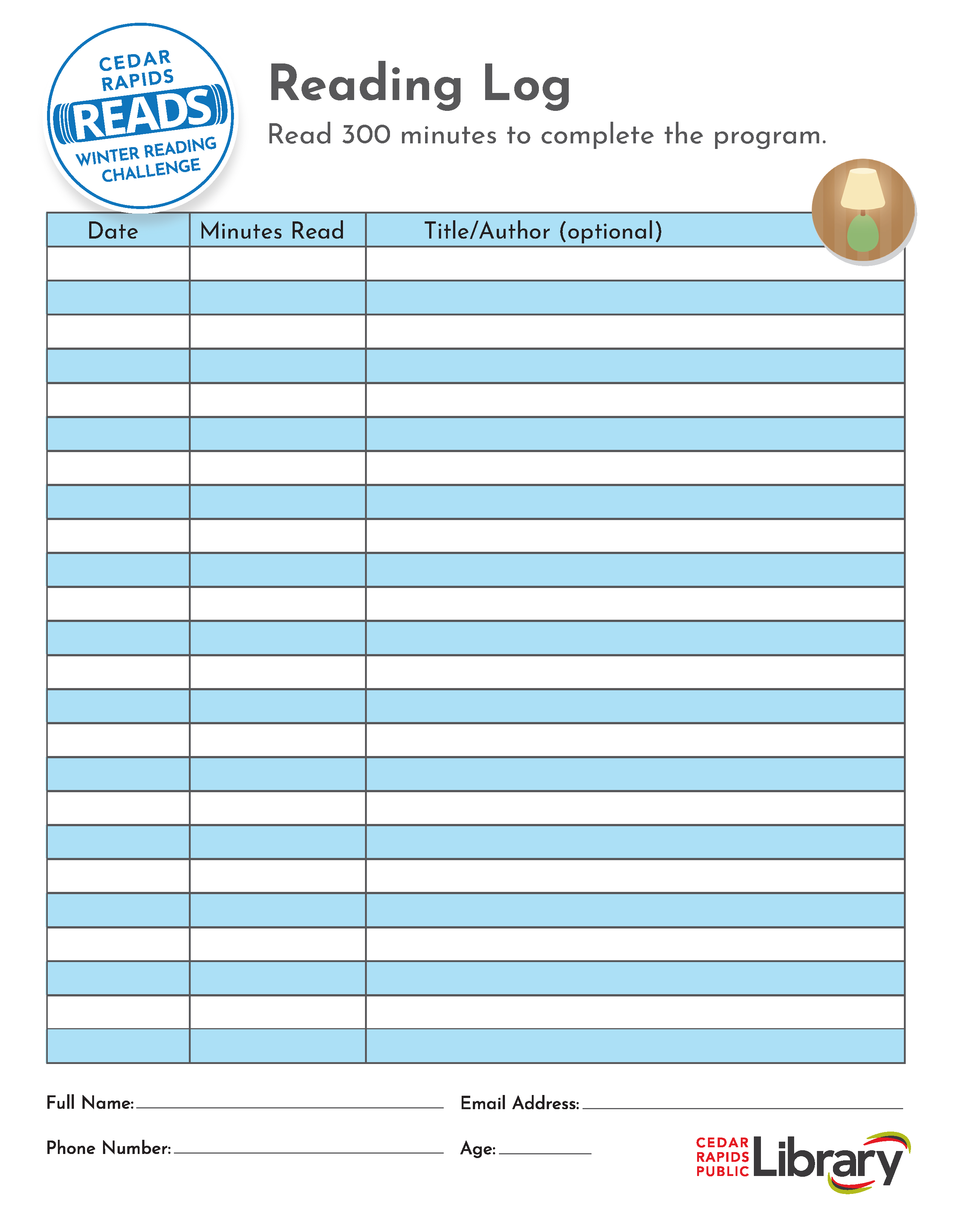 A reading log for the Cedar Rapids Public Library Winter Reading Challenge.