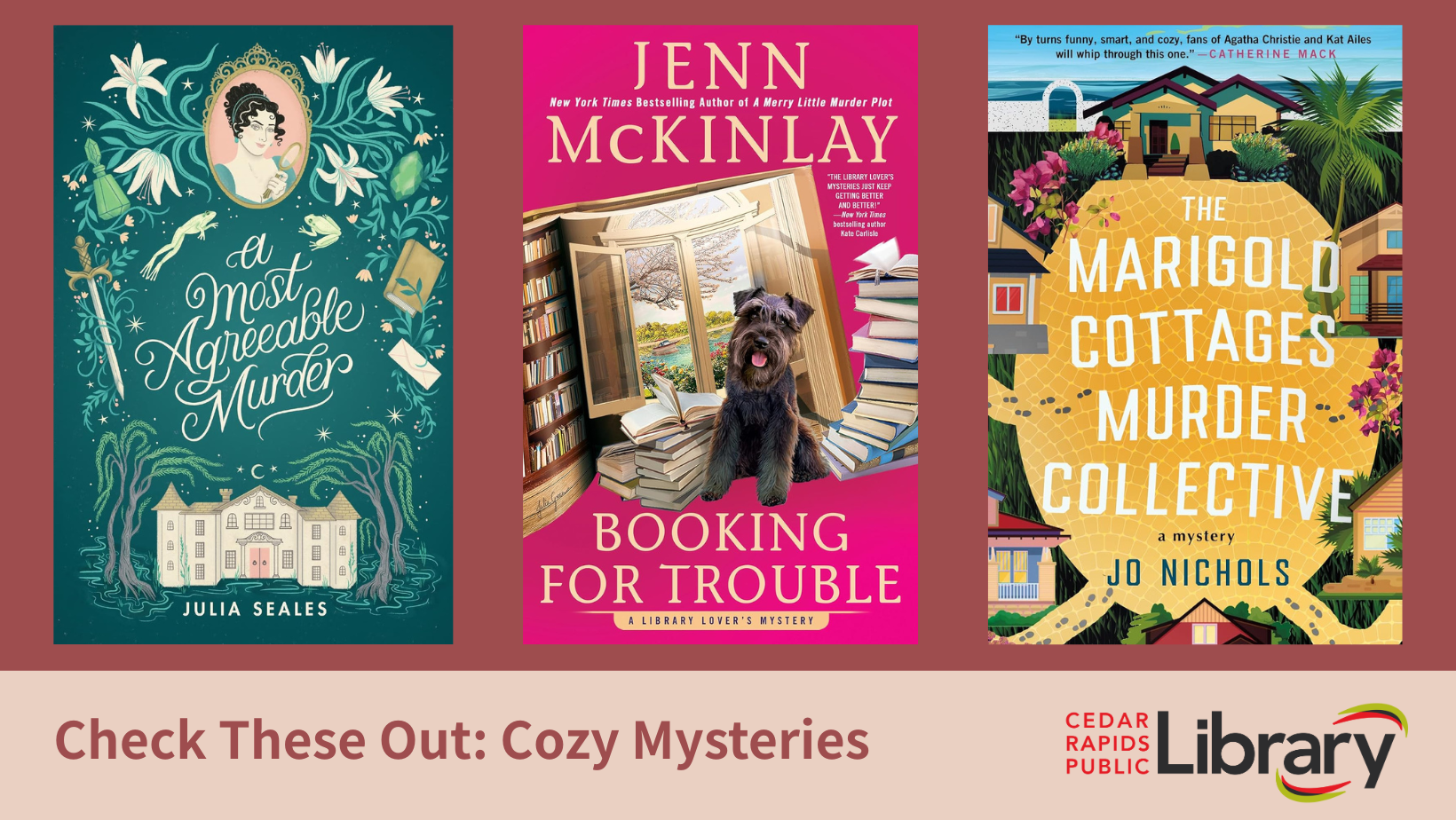 A graphic says "Check These Out: Cozy Mysteries" with three book covers.