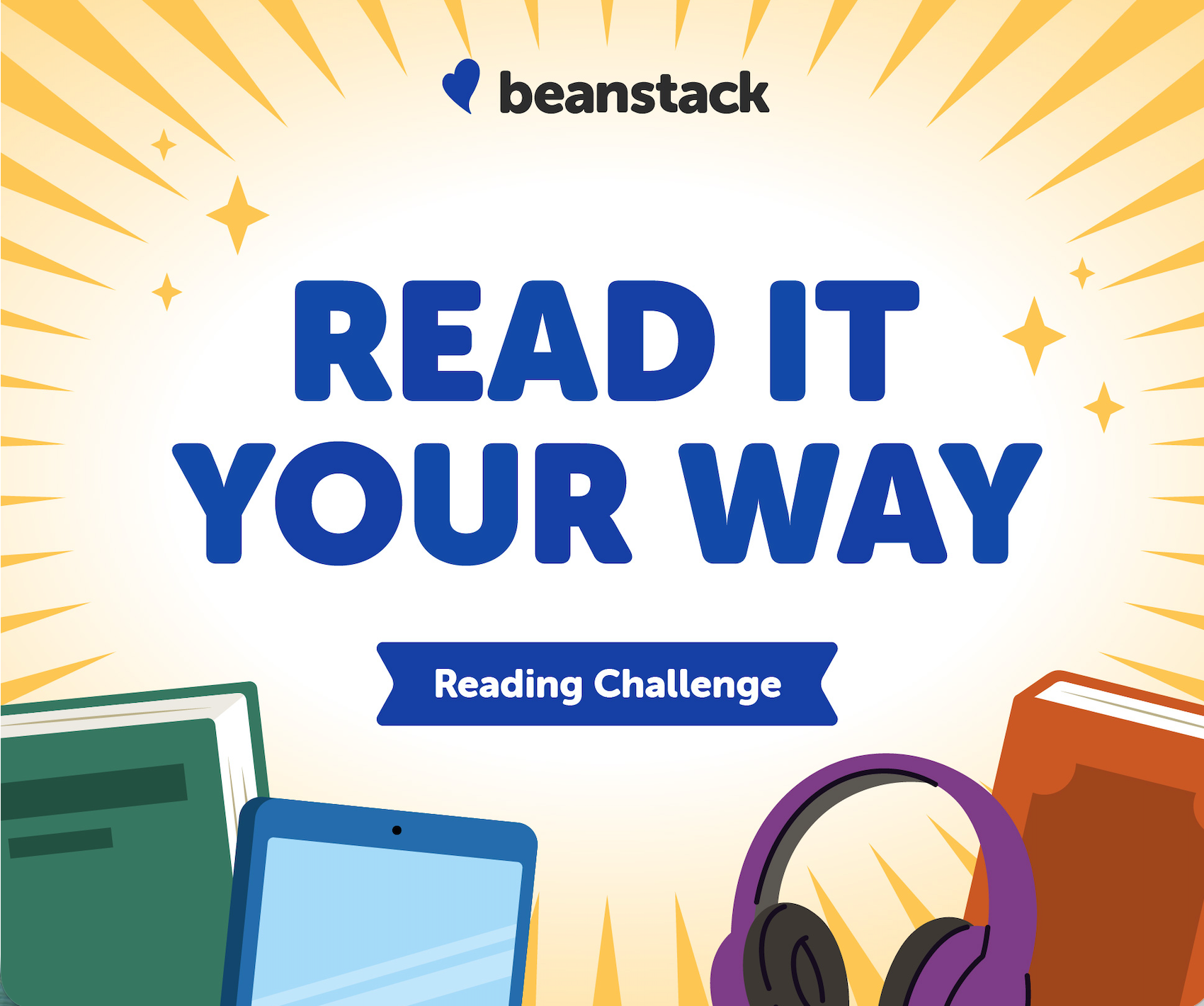 Read It Your Way Reading challenge square banner with image of books and headphones