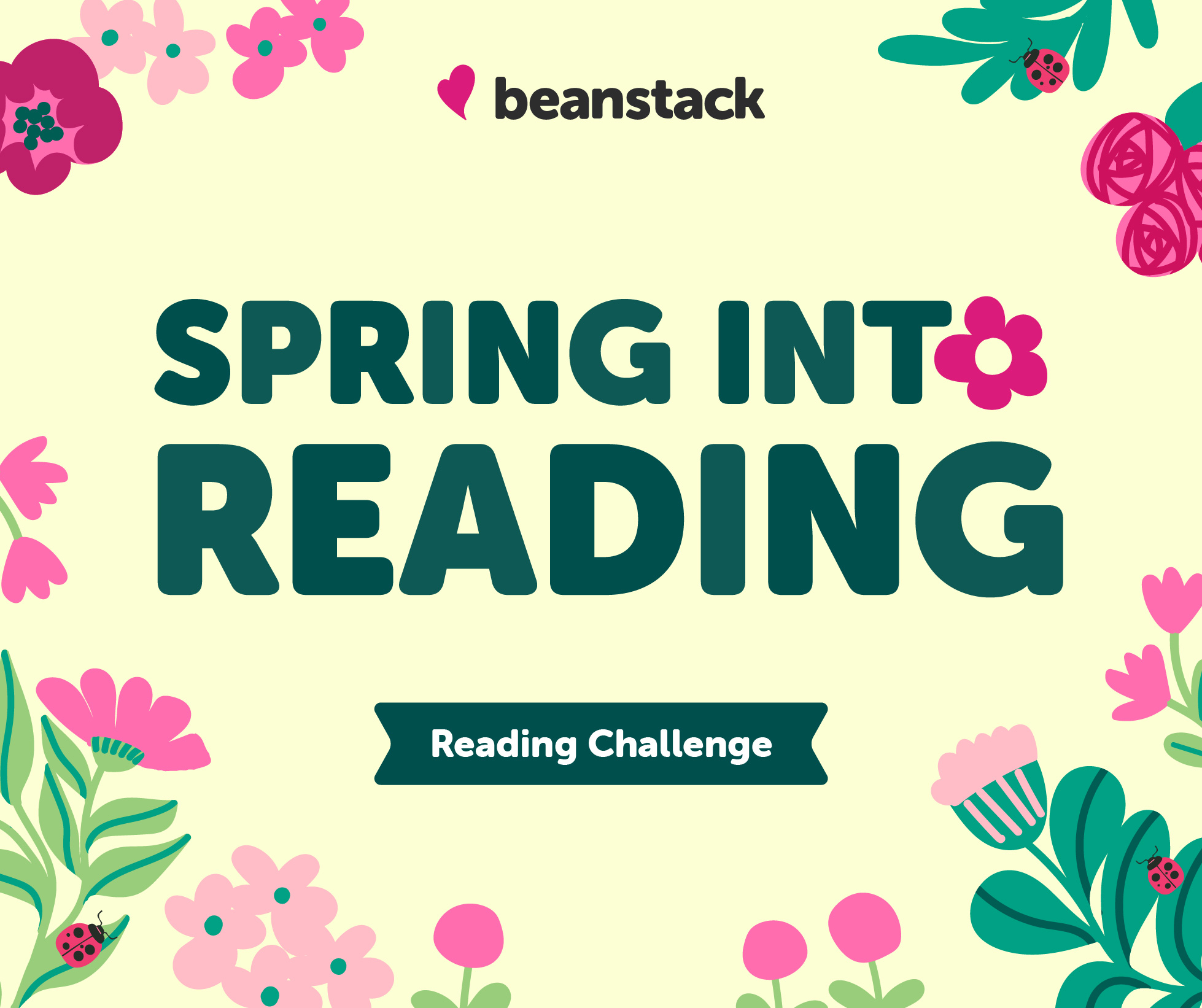 spring into reading challenge with yellow background and pink flowers
