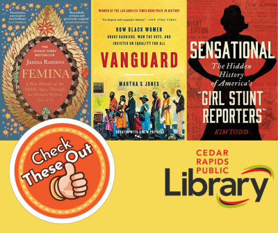 A graphic reads "check these out" with three book covers: "Femina," "Vanguard" and "Sensational."