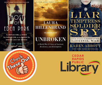 A graphic says "Check These Out" with book covers for "Ghosts of Eden Park," "Unbroken" and "Liar Temptress Soldier Spy."