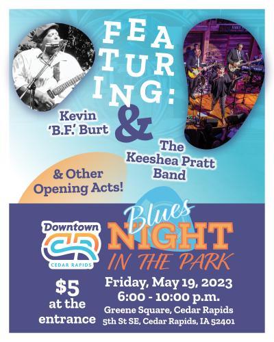 A graphic says Blues Night in the Park featuring Kevin BF Burt & The Keesha Pratt Band.