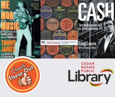 A graphic has an orange circle with a thumbs up that says "Check These Out," the library logo, and three book covers: Me, the Mob, and the Music, 360 Sound, and Cash..