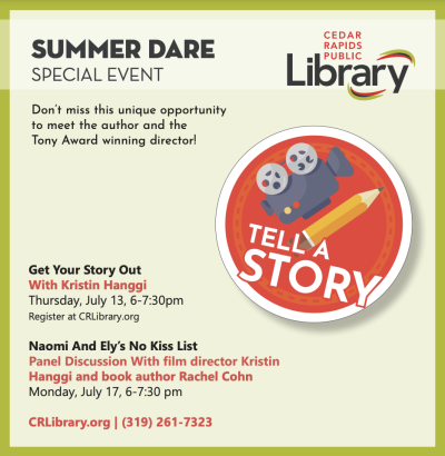 A graphic says Summer Dare Special Event: "Get Your Story Out" and "Naomi and Ely's No Kiss List" on a green background.