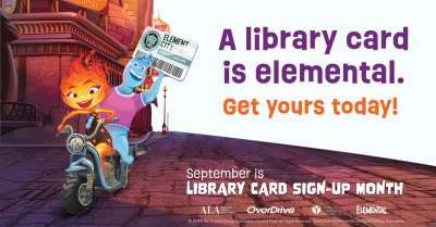 characters from the Pixar movie Elemental show off their library card