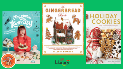 A graphic has an orange circle with a thumbs up that says "Check These Out," the library logo, and three book covers: "Christmas with Kim-Joy," "The Gingerbread Book" and "Holiday Cookies."