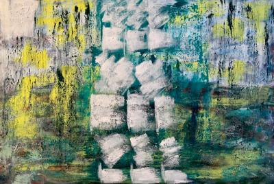 An abstract painting has yellow, white, green and blue blocks and splotches.