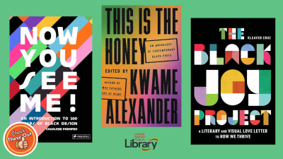 A graphic has an orange circle with a thumbs up that says "Check These Out," the library logo, and book covers: "Now You See Me!", "This is the Honey", and "The Black Joy Project".