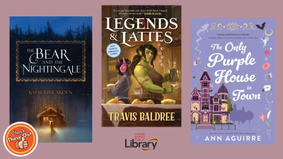 A graphic has an orange circle with a thumbs up that says "Check These Out," the library logo, and three book covers: "The Bear and the Nightingale," "Legends & Lattes," and "The Only Purple House in Town."
