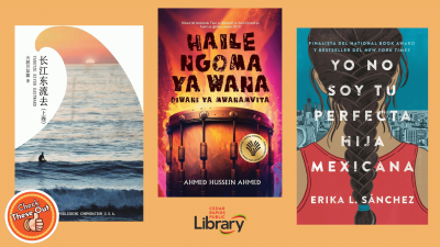 A graphic has an orange circle with a thumbs up that says "Check These Out," the library logo, and book covers, one in Chinese, one in Swahili, and one in Spanish.