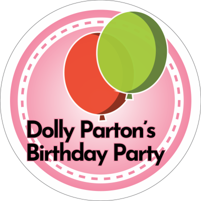 A graphic says "Dolly Parton's Birthday Party" with illustrated balloons over a pink circle.