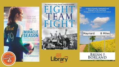 A graphic has an orange circle with a thumbs up that says "Check These Out," the library logo, and book covers: "The Miracle Season," "Fight Team Fight," and "Maynard 8 Miles."