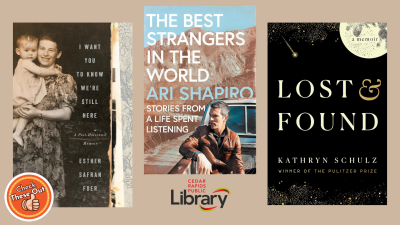 A graphic has an orange circle with a thumbs up that says "Check These Out," the library logo, and three book covers: "I Want You To Know We're Still Here," "The Best Strangers in the World," and "Lost & Found."