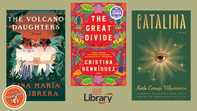 A graphic has an orange circle with a thumbs up that says "Check These Out," the library logo, and three book covers: "The Volcano Daughters," "The Great Divide," and "Catalina."