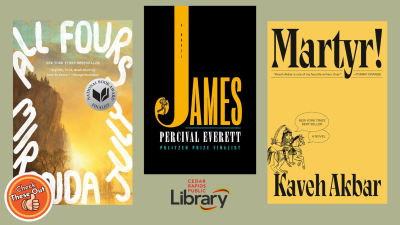 A graphic has an orange circle with a thumbs up that says "Check These Out," the library logo, and three book covers: "All Fours," "James," and "Martyr!"