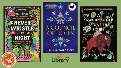 A graphic has an orange circle with a thumbs up that says "Check These Out," the library logo, and three book covers: "Never Whistle at Night," "A Council of Dolls," and "A Grandmother Begins the Story."