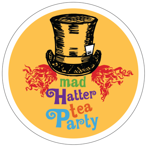 A top hat and the words Mad Hatter Tea Party over an orange circle.