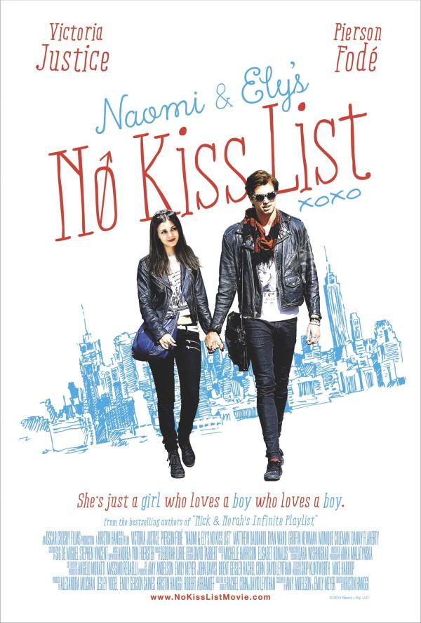 A movie cover says "Naomi & Ely's No Kiss List" above two teens walking hand-in-hand.